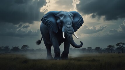 Wall Mural - Powerful Elephant Walking Towards the Storm