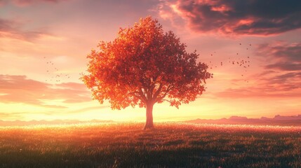 Wall Mural - tree standing in a field at sunset, with orange and pink hues lighting up the sky and reflecting off