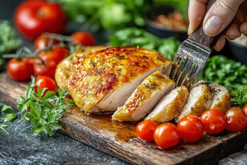 Roasted Chicken Breast with Cherry Tomatoes and Parsley on a Wooden Board