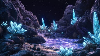 A peaceful crater on an alien moon, where the ground is made of glowing crystals, and strange, luminous plants grow from the rocky soil.