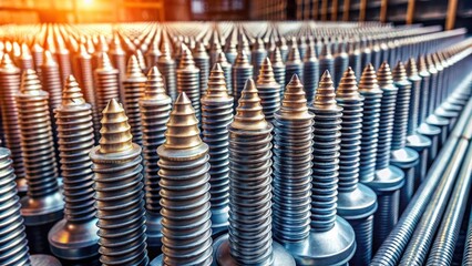 Closeup shot of cones, studs, and threaded bottom of steel bars in an industrial background