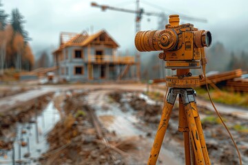 Geodesy and surveying  theodolite setup at construction site with crane and topographic elements