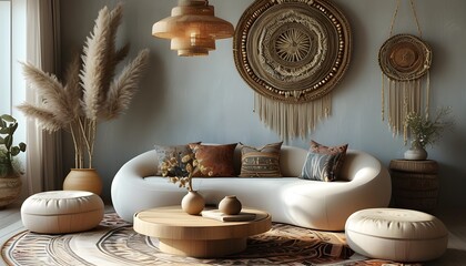 Chic modern living room featuring a round table, comfortable sofa, and stylish boho hanging decorations in a contemporary setting