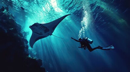 Diver Encounters Majestic Manta Ray Underwater