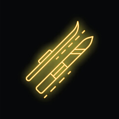 Poster - Neon icon of a pair of skis and ski poles is glowing yellow on a black background