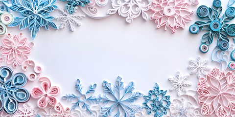 Quilled snowflakes in soft blue and pink tones on a white background with space for text