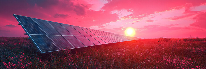 Poster - Solar panels at sunset in a field.