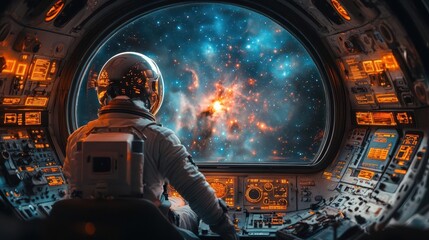 Wall Mural - retrofuturistic space capsule interior astronaut silhouette against starry viewport vintage control panels with modern holograms warm ambient lighting