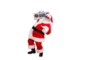 Wall Mural - full size photo of cool old stylish trendy santa claus in eyewear eyeglasses dancing holding audio s
