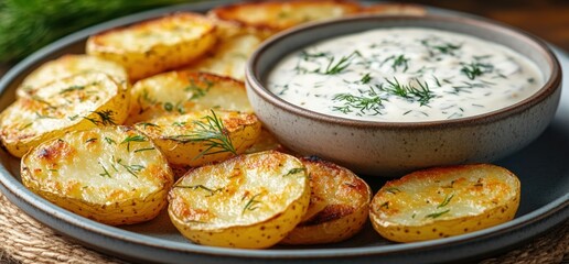 Wall Mural - Close-up of crispy potato slices with dill and a creamy sauce.