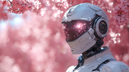 Wall Mural - A white robot in a helmet with pink lights stands in front of pink cherry blossoms.