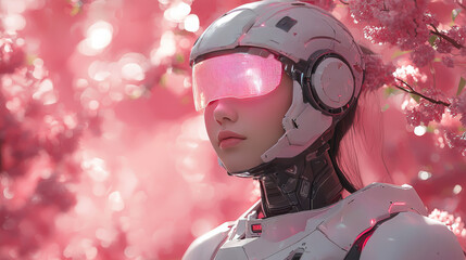 Wall Mural - A female cyborg stands in a field of pink blossoms.