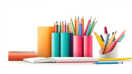 Poster - Vibrant clip art of colorful school supplies like pencils, rulers, and notebooks, great for educational materials or back-to-school promotions.