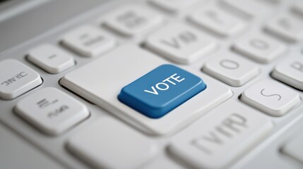 close-up of a computer keyboard with a blue 'vote' button symbolizing participation in elections and