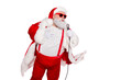 © deagreez - Portrait of charming fat overweaight santa claus with big belly hold microphone sing wear style stylish trendy eyewear eyeglasses hat cap isolated over red background