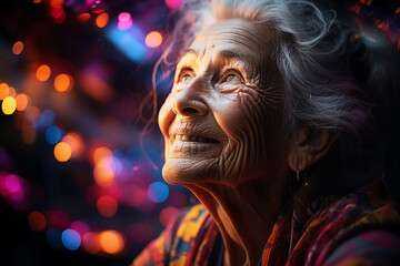 Canvas Print - Generated with AI technology picture of excited happy senior woman on festive event summer festival