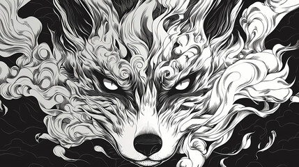 mask kitsune illustrasi with fire black and white. kitsune. illustration