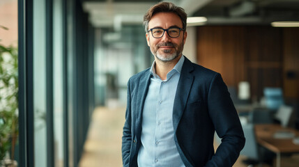 A business casual portrait of a confident professional standing in a modern office, soft natural light, neutral tones