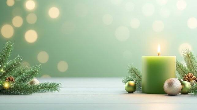 A green eco-themed Christmas background showcasing natural pine garlands, eco-friendly ornaments, and soft glowing candles, emphasizing sustainability.