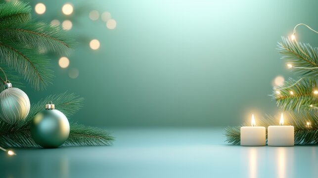 A green eco-themed Christmas background showcasing natural pine garlands, eco-friendly ornaments, and soft glowing candles, emphasizing sustainability.