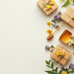 Delicate gift boxes adorned with flowers and honey, perfect for special occasions and celebrations.