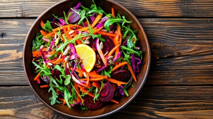 Wall Mural - A colorful beetroot and carrot salad with sunflower seeds, arugula, and a tangy citrus dressing, set on a rustic wooden table