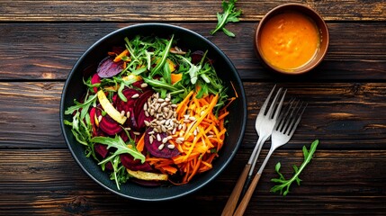 A colorful beetroot and carrot salad with sunflower seeds, arugula, and a tangy citrus dressing, set on a rustic wooden table