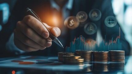 Poster - A business professional analyzes financial data while managing coins and investments in a modern office setting during the day