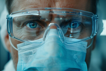 Poster - Portrait of a confident researcher in lab mask and glasses work in medical science laboratory generative ai