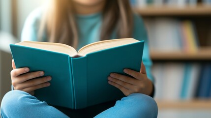 A person reading a book in a library