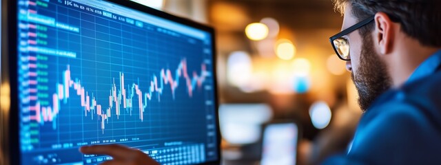 Poster - Professional analyzing stock market trends on a computer screen in a modern office during daylight hours