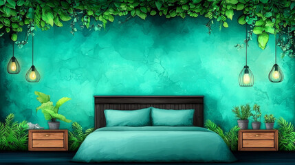 Teal bedroom with lush green accents.