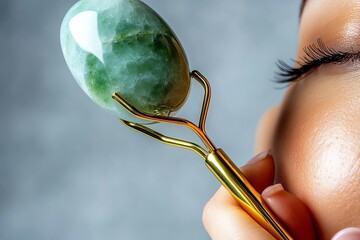 Poster - A close-up of a hand holding a jade roller, gently massaging the face for a calming skincare routine