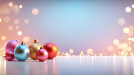 Christmas background featuring retro ornaments with bold colors and shiny finishes, set against a softly glowing backdrop of twinkling holiday lights.