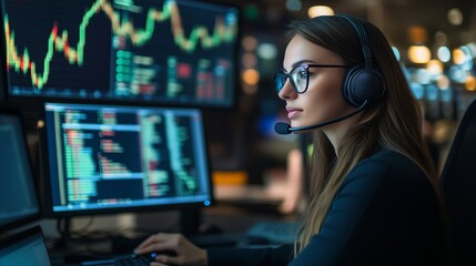 Wall Mural - Professional trader analyzing stock market data on multiple monitors during evening hours in a modern financial office