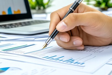 Poster - A close-up of a hand holding a pen, taking notes in a meeting, with a laptop and papers in the background