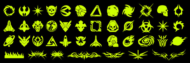 Retro futuristic icon set, y2k space sign, cyber alien shape, vector galaxy ship minimal collection. Cosmic future techno abstract print, helmet symbol, sci-fi graphic logo. Streetwear futuristic icon