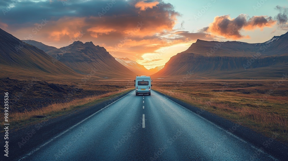 RV Motorhome camper van road trip. Tourists in rental car campervan by ...