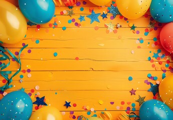 Colorful Birthday Party Background with Balloons, Confetti and Stars