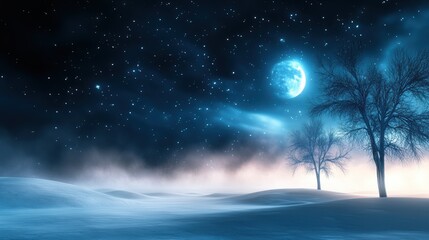 Cold winter night with a dark, starry sky, frost-covered ground, and silhouetted trees creating a moody and mysterious winter backdrop.