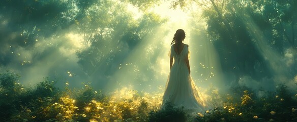 Canvas Print - serene forest meditation woman in flowing white dress eyes closed surrounded by misty emerald trees and shaft of golden sunlight