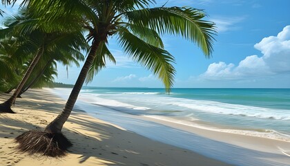 Tranquil beach paradise with golden sand, gentle waves, lush palm trees, and a bright blue sky perfect for summer relaxation