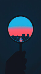 Sticker - A hand holds a magnifying glass, revealing a city skyline at sunset.