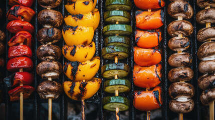 Grilled vegetables on skewers, including bell peppers, zucchini, and mushrooms, create vibrant and appetizing display. Perfect for summer barbecues and healthy eating!