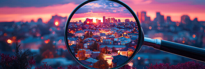 Sticker - A city at sunset viewed through a magnifying glass.