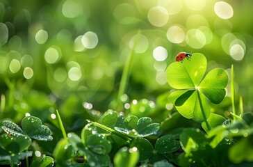 Wall Mural - Ladybug On Clover Leaf With Dewdrops & Sunbeams