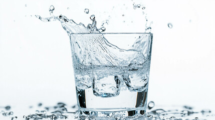 A glass of water splashing on a white background