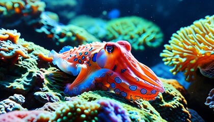 Wall Mural - Vibrant coral reef home to a colorful octopus swimming gracefully through the underwater landscape