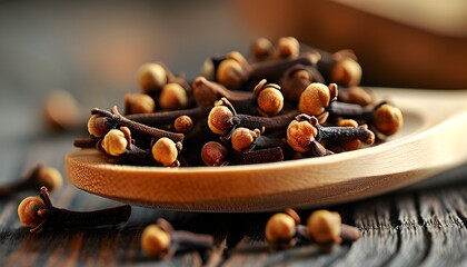 Dried Cloves in a Wooden Spoon Evoking Warmth and Flavor in Culinary Art