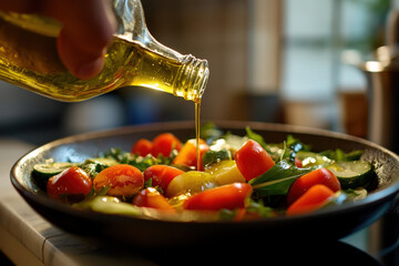 Chef is pouring argan oil on a fresh vegetable salad, creating a healthy and delicious meal